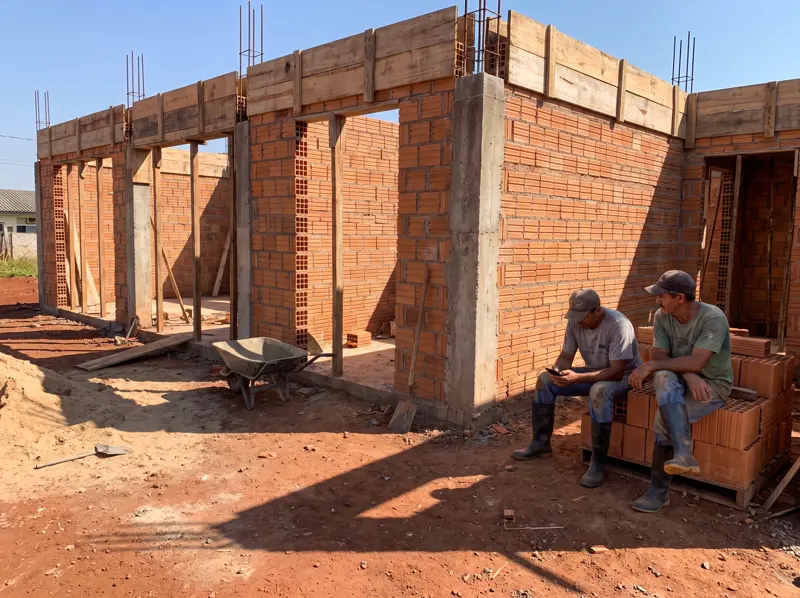 Dois pedreiros sentados numa pilha de blocos cerâmicos, parados, em frente a uma casa em construção